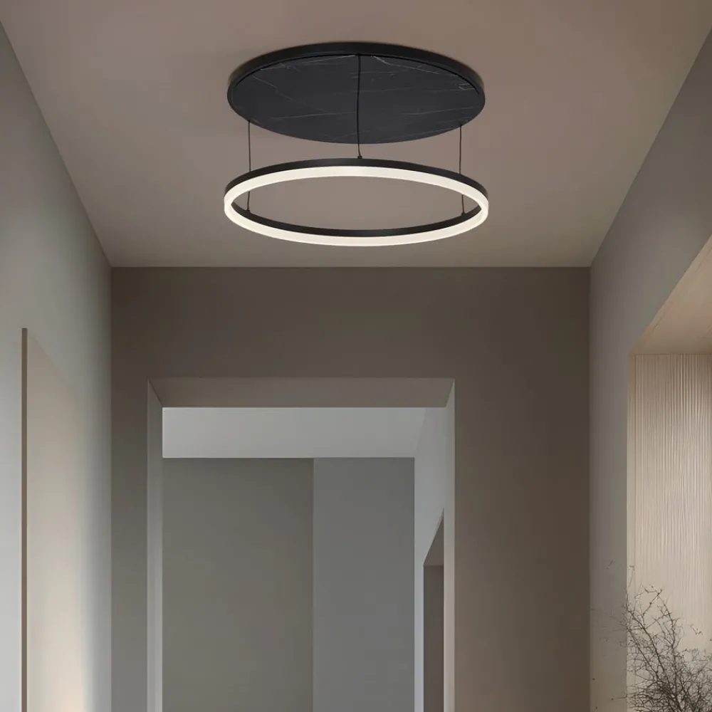 Loftlamper|Loftlamper ^ Lucande LED-loftlampe Orven, sort/marmor, Ø 50 cm, dæmpbar.