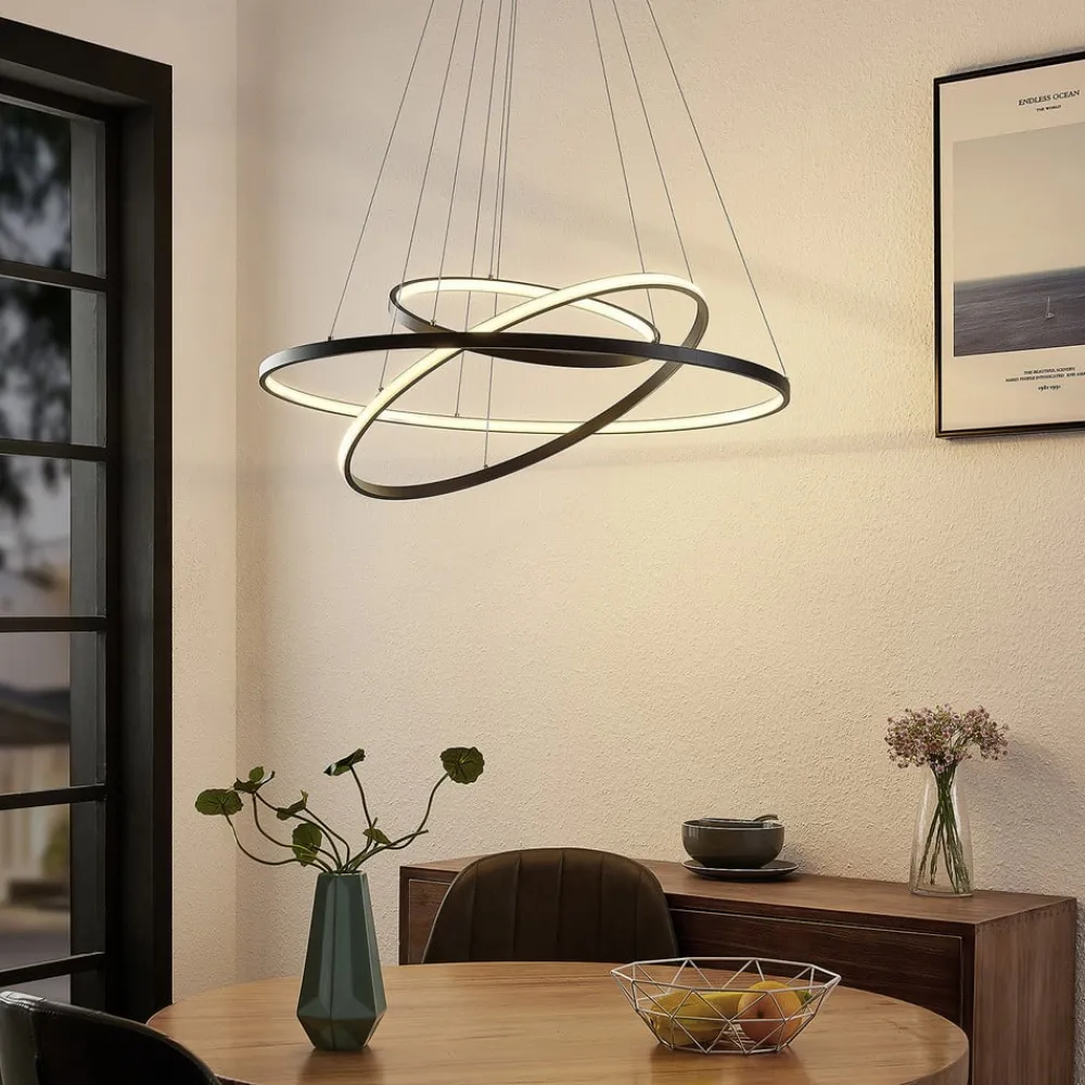 Lucande Pendellamper|Pendellamper > LED-pendellampe Ezana, sort, metal, Ø 80 cm