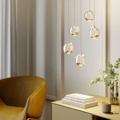 Lucande Pendellamper|Pendellamper > LED-pendellampe Hayley, Ø 30 cm, 5 lyskilder, guld, glas