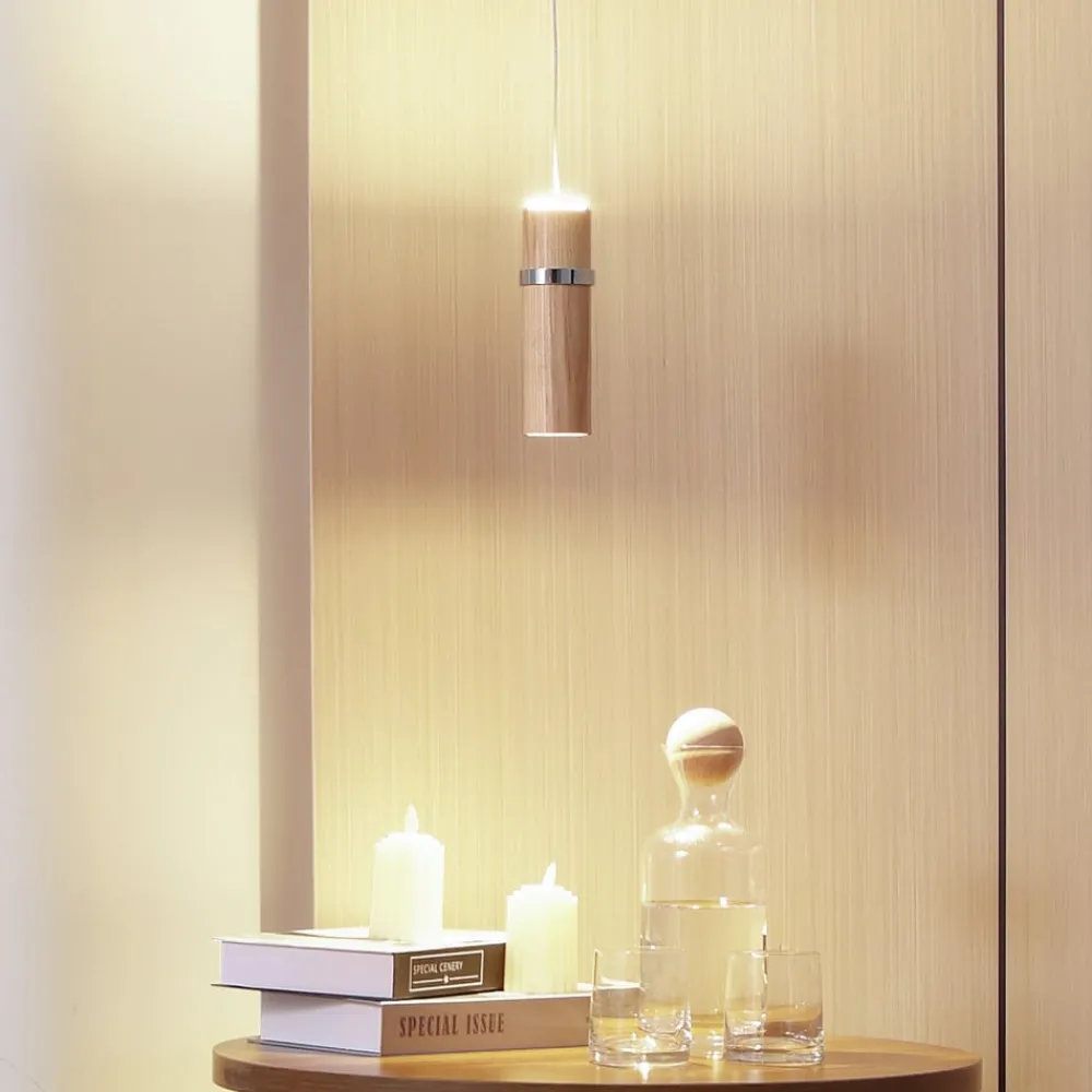 Pendellamper ^ Lucande LED-pendel Nojus, træ, op/ned, Ø 6 cm