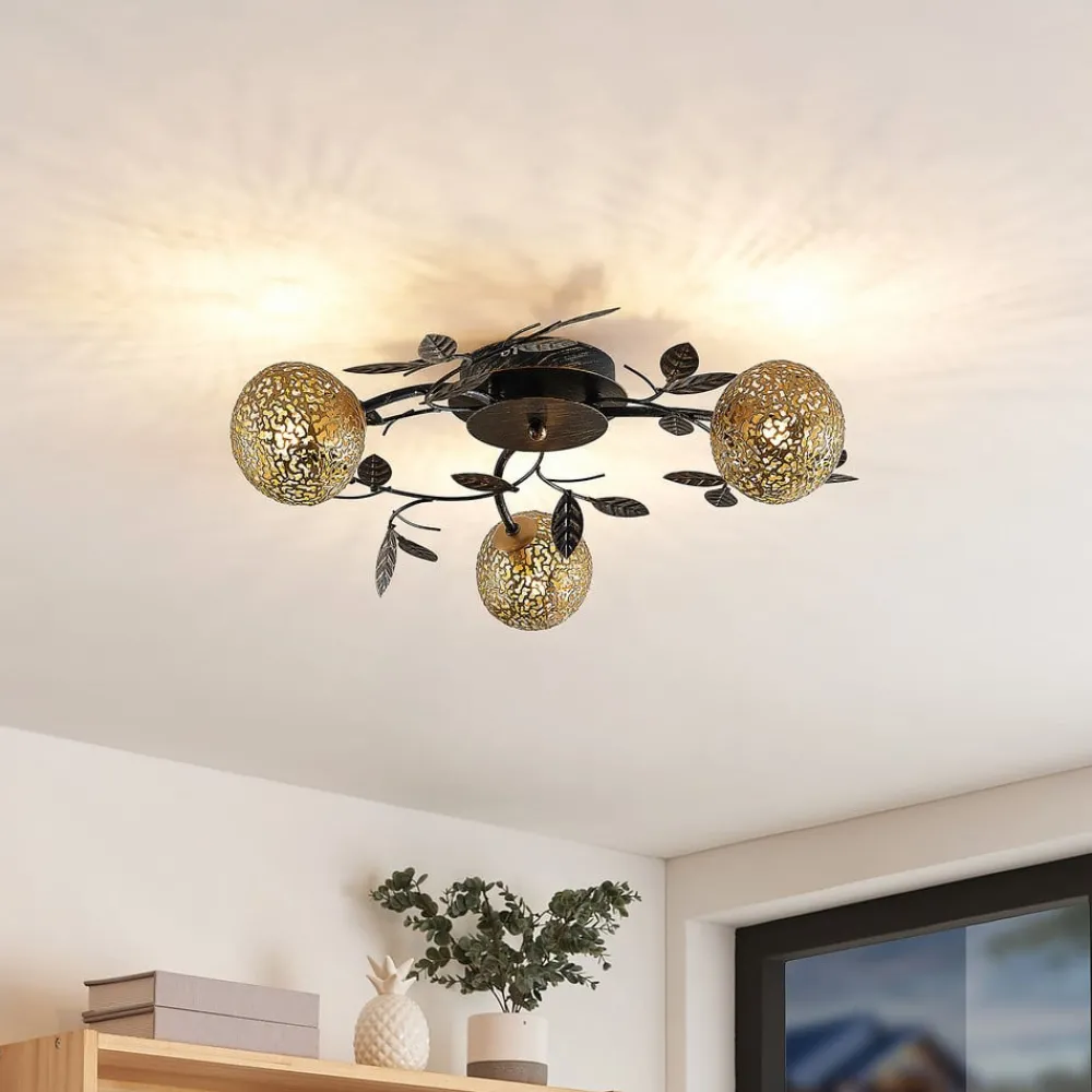 Loftlamper|Loftlamper ^ Lucande loftlampe Evory, Ø 53 cm, 3 lyskilder, sort/guld, G9