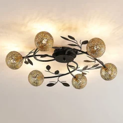 Loftlamper|Loftlamper ^ Lucande loftlampe Evory, Ø 69 cm, 6 lyskilder, sort/guld, G9
