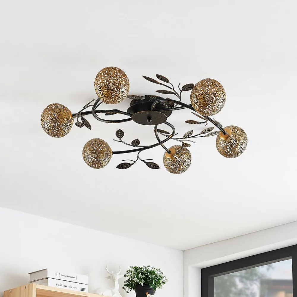 Loftlamper|Loftlamper ^ Lucande loftlampe Evory, Ø 69 cm, 6 lyskilder, sort/guld, G9