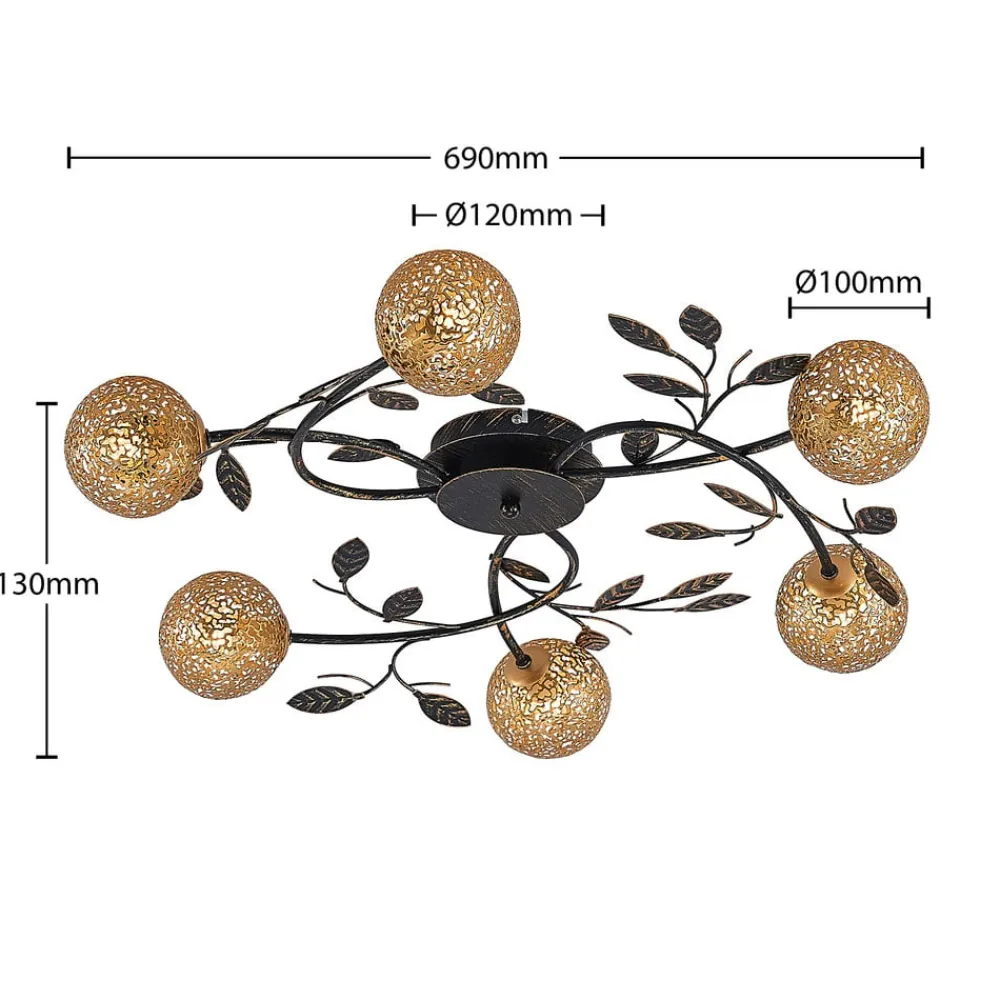 Loftlamper|Loftlamper ^ Lucande loftlampe Evory, Ø 69 cm, 6 lyskilder, sort/guld, G9