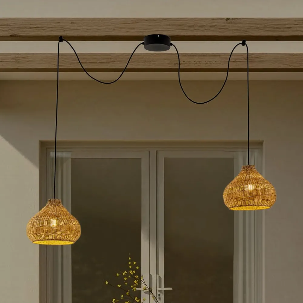 Lucande Udendørs Pendellamper|Terrassebelysning > udendørs hængelampe Taniola, 2 lyskilder, beige, rattan, IP44