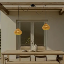 Lucande Udendørs Pendellamper|Terrassebelysning > udendørs hængelampe Taniola, 2 lyskilder, beige, rattan, IP44