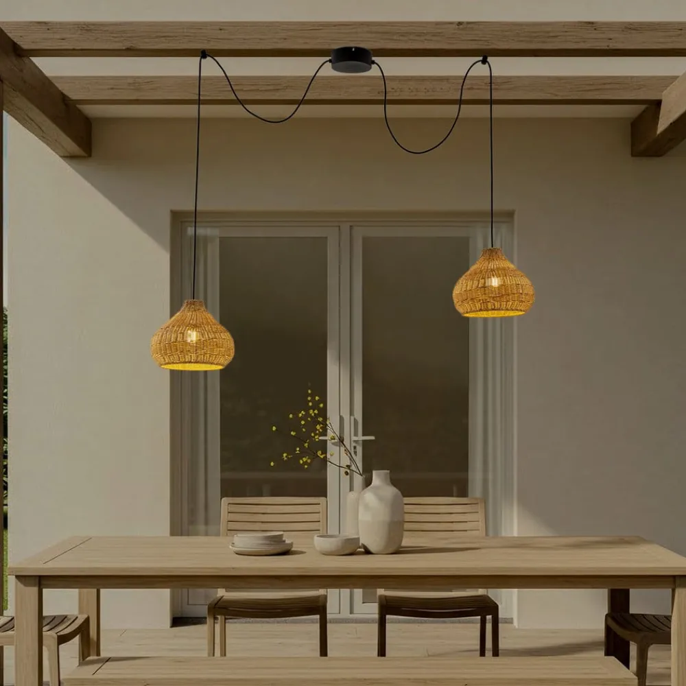 Lucande Udendørs Pendellamper|Terrassebelysning > udendørs hængelampe Taniola, 2 lyskilder, beige, rattan, IP44