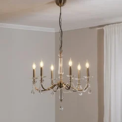 Lucea Lysekroner > Lysekrone Adone, 6 lyskilder, messing, Ø 70 cm, krystalglas