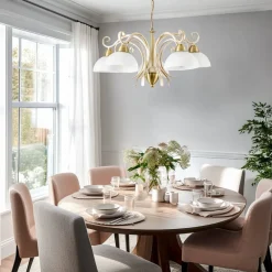 Luminex Lysekroner > Lysekrone Flora, fem glasskærme, hvid/messing