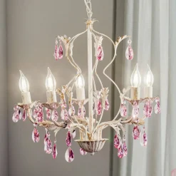 Lysekroner|Pendellamper ^ ONLI Lysekrone Kate, 5 lyskilder hvid, rosékrystaller