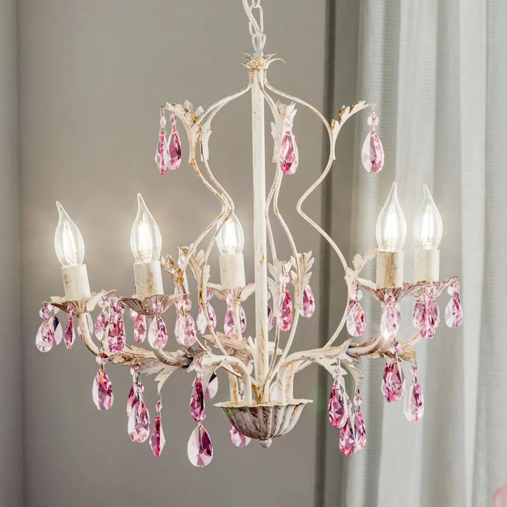 Lysekroner|Pendellamper ^ ONLI Lysekrone Kate, 5 lyskilder hvid, rosékrystaller