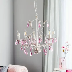 Lysekroner|Pendellamper ^ ONLI Lysekrone Kate, 5 lyskilder hvid, rosékrystaller