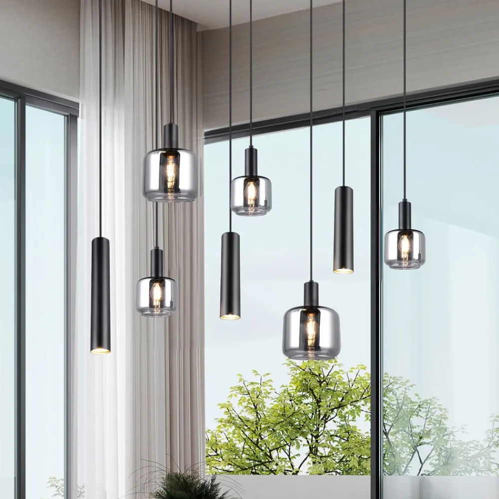 Pendellamper ^ Trio Lighting Mataro hængelampe, krom/sort, 118 cm, 8 lyskilder glas/metal