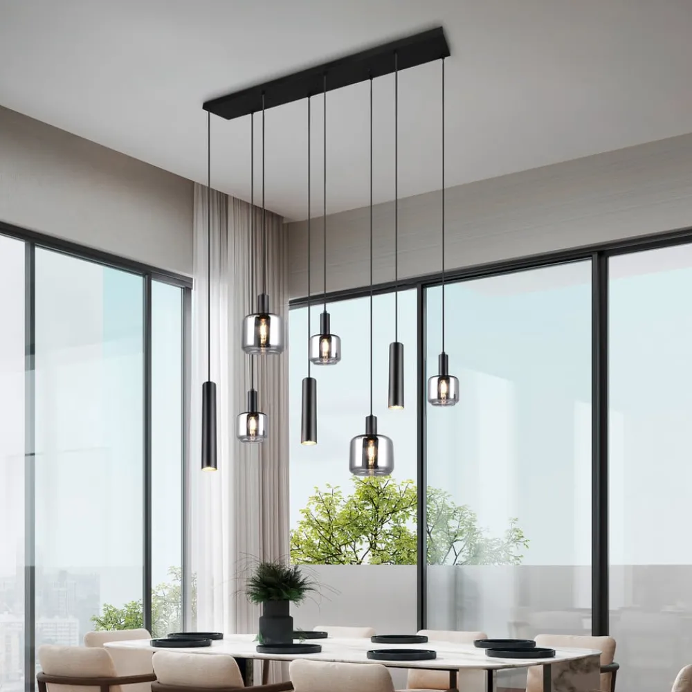 Pendellamper ^ Trio Lighting Mataro hængelampe, krom/sort, 118 cm, 8 lyskilder glas/metal