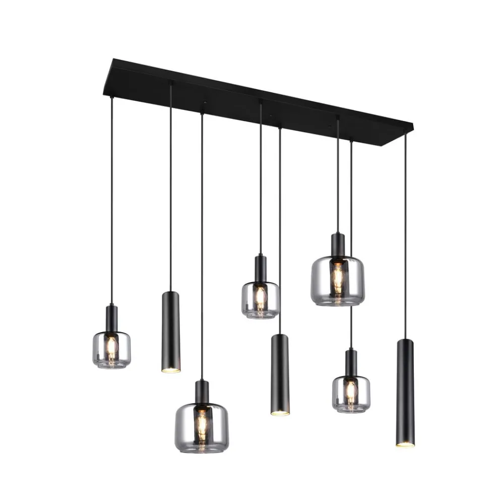 Pendellamper ^ Trio Lighting Mataro hængelampe, krom/sort, 118 cm, 8 lyskilder glas/metal
