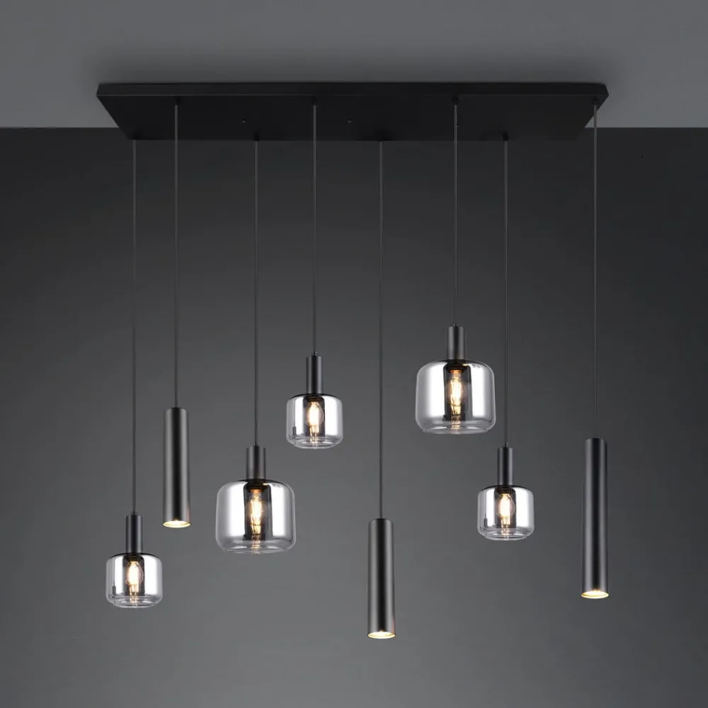 Pendellamper ^ Trio Lighting Mataro hængelampe, krom/sort, 118 cm, 8 lyskilder glas/metal