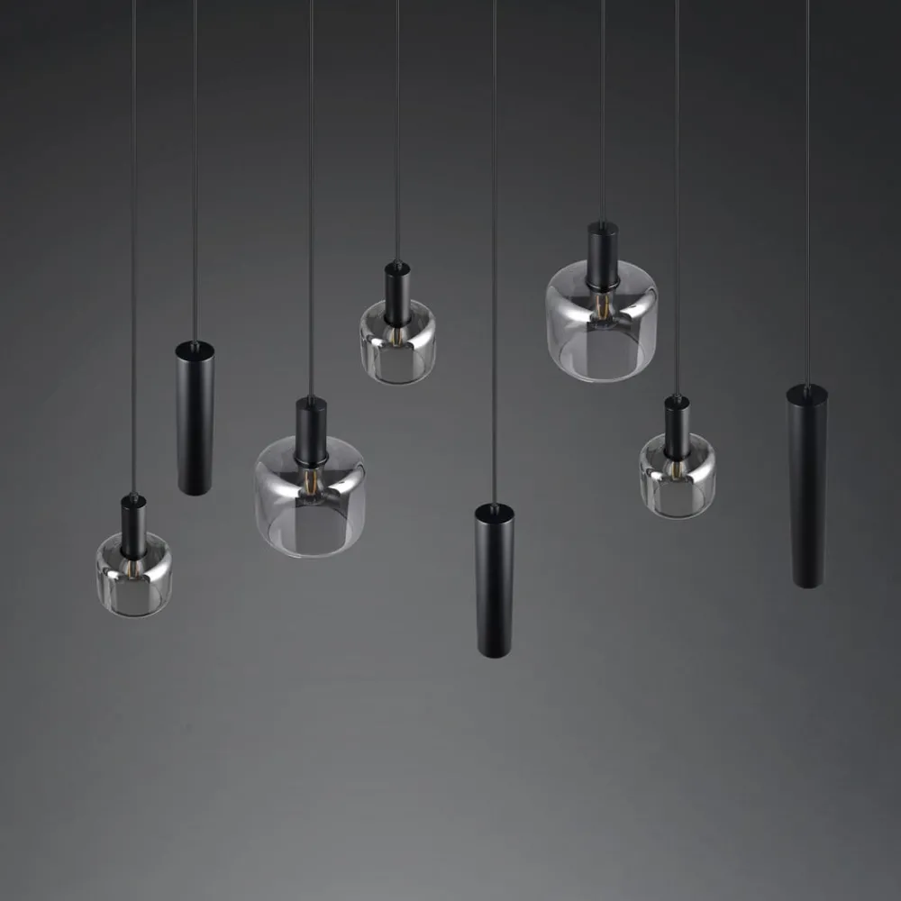 Pendellamper ^ Trio Lighting Mataro hængelampe, krom/sort, 118 cm, 8 lyskilder glas/metal