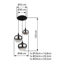 Pendellamper ^ Globo Maxy hængelampe, Ø 48 cm, røggrå, glas, 3 lyskilder.