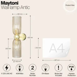Maytoni Gang|Pendellamper > væglampe Antic, 2 lyskilder, guld/amber, glas