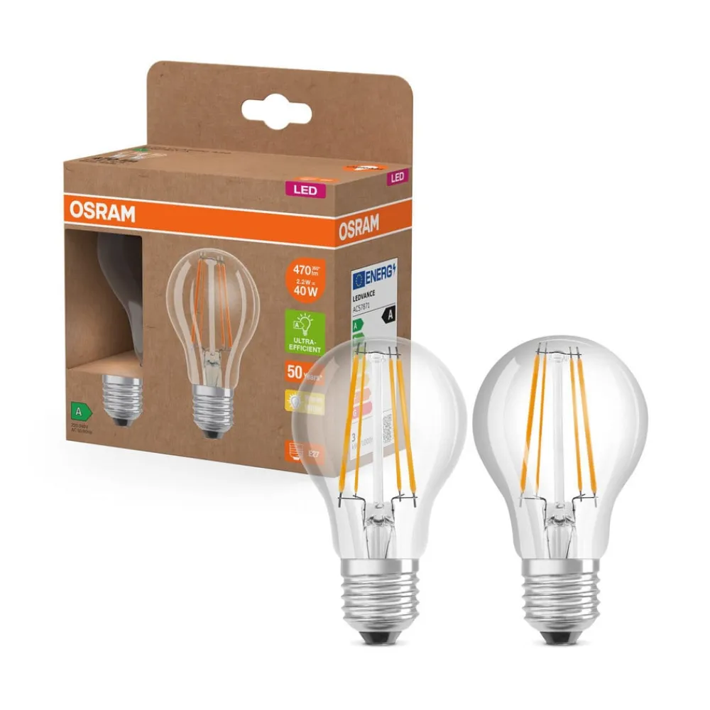 OSRAM Led Pærer > LED glødepære E27 2,2W filament 2.700K 470lm 2-pak
