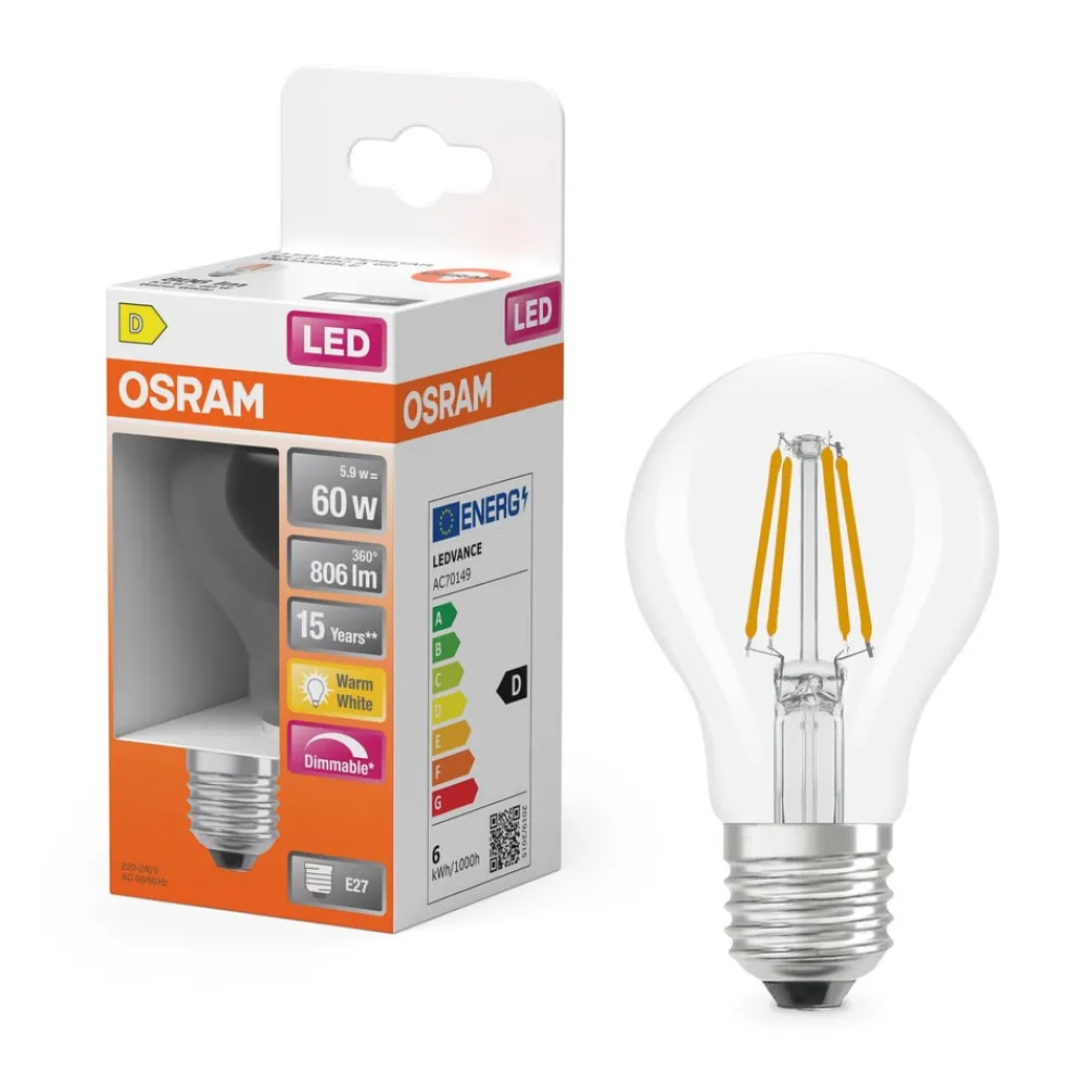 OSRAM Dæmpbar Led-Pære|Filament Pære > LED-pære Tropfen E27 5,9 W glødetråd 2.700K dæmpbar