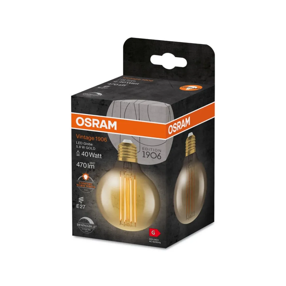 OSRAM Filament Pære > LED Vintage 1906, G80, E27, 5,8 W, guld, 2.200 K, dim.