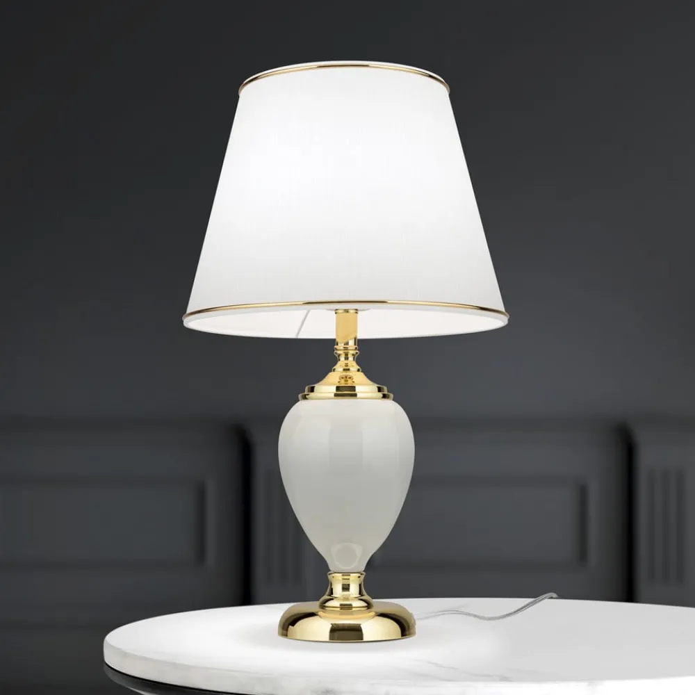 ORION Bordlamper > Ovum bordlampe, hvid/guldfarvet, højde 48 cm, keramik/chintz