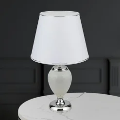ORION Bordlamper > Ovum bordlampe, hvid/krom, højde 48 cm, keramik/chintz
