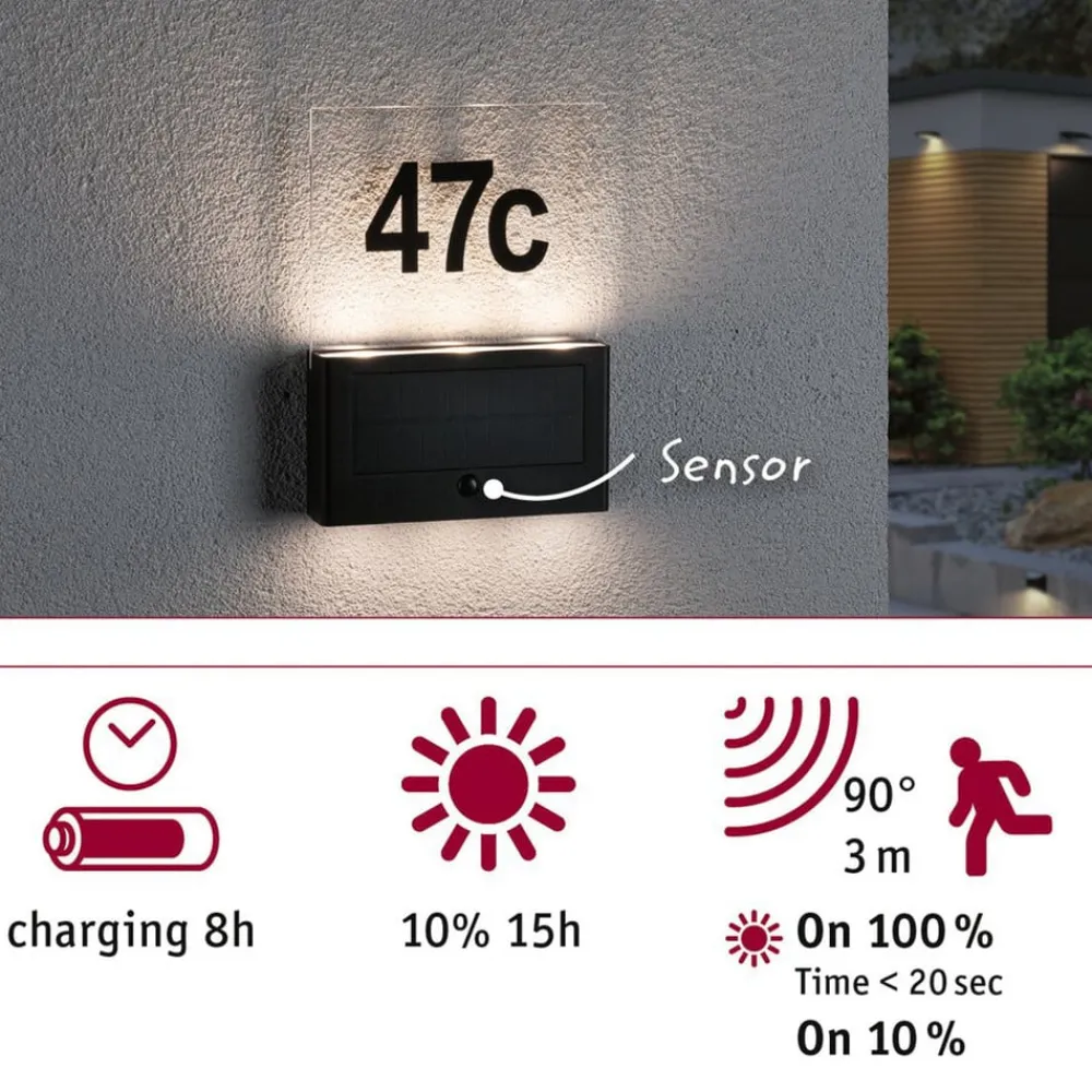 Paulmann Solcelle Lampe Med Sensor|Væglampe Med Sensor > Neda LED-husnummerlampe, solcelle, sensor