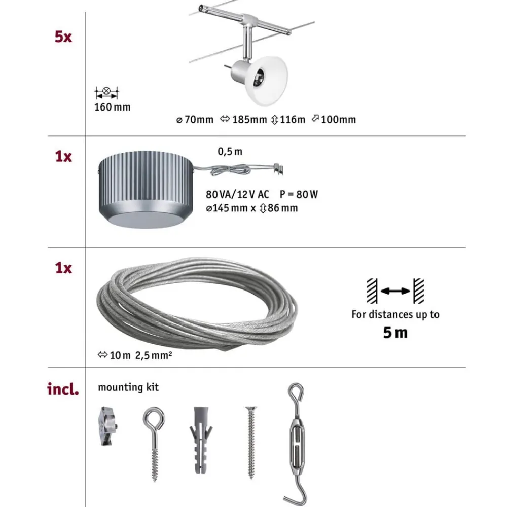 Paulmann Arbejdsrum/Kontor > Sheela wiresystem, 5 lyskilder, mat krom