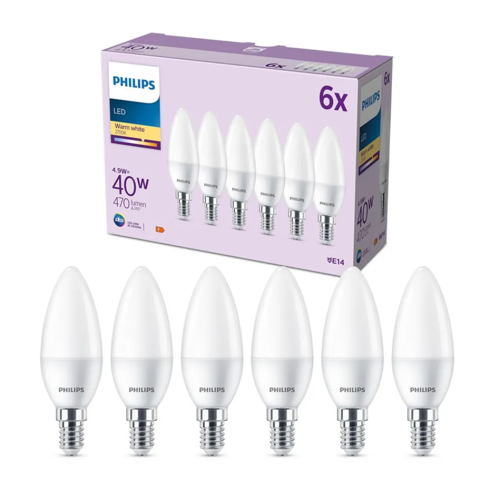 Philips Led Pærer > LED-kerte E14 4,9 W 470m 2.700K mat 6 stk