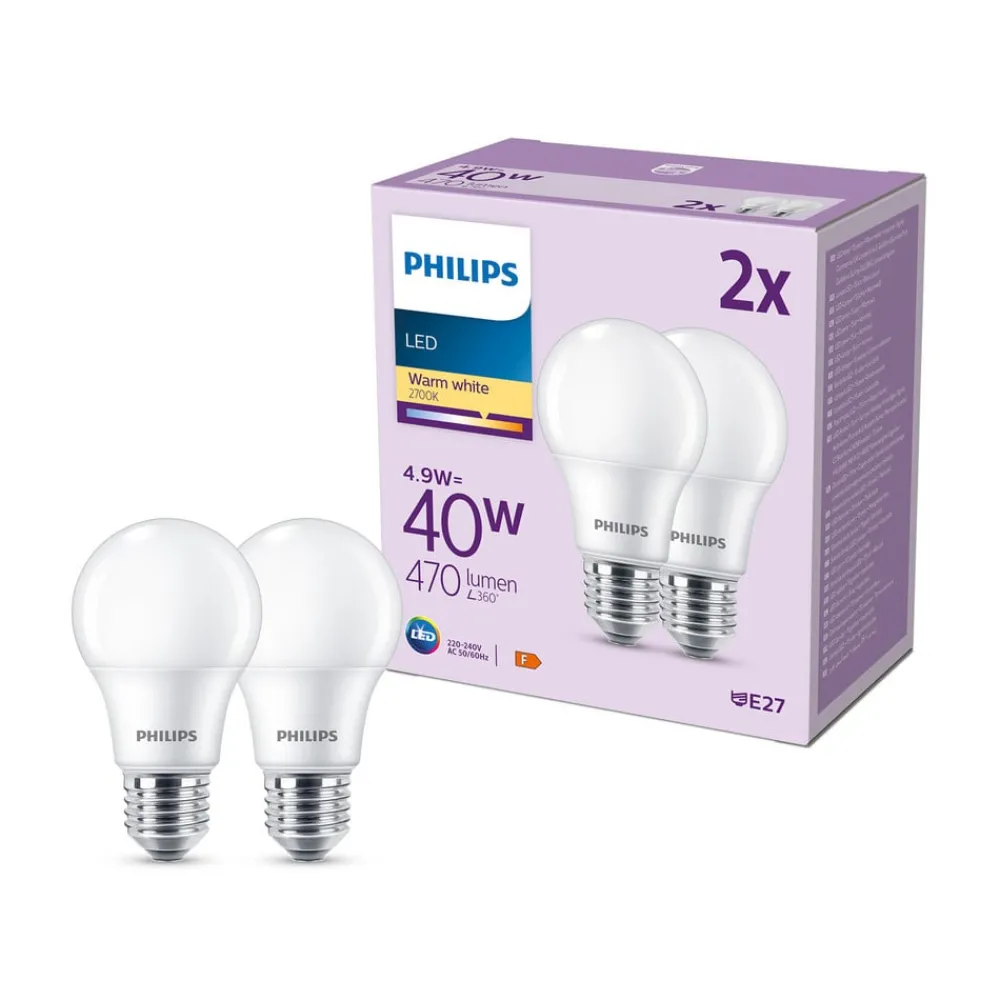 Led Pærer ^ Philips LED-pære E27 4,9 W 470lm 2.700 K mat 2 stk