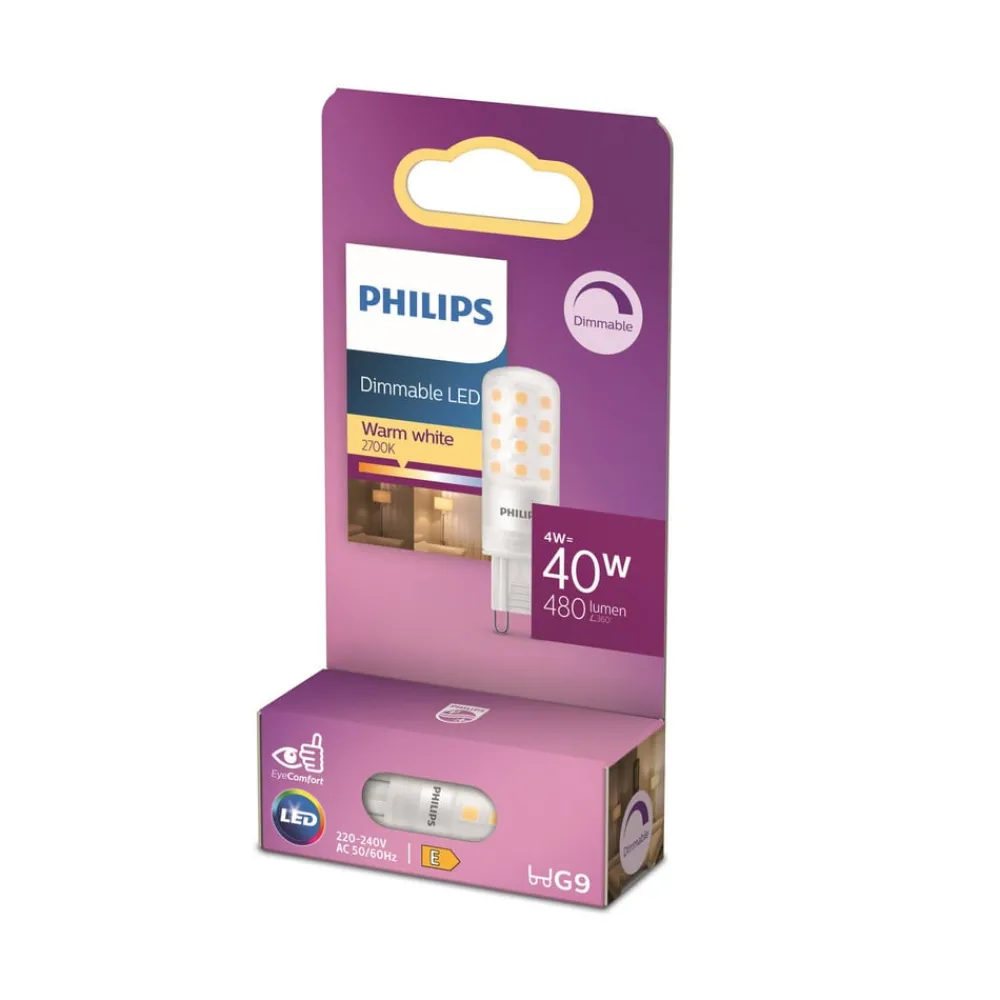 Led Pærer ^ Philips LED-stiftsokkelpære, G9, 4W, mat, 480lm, 2.700K, dæmpbar