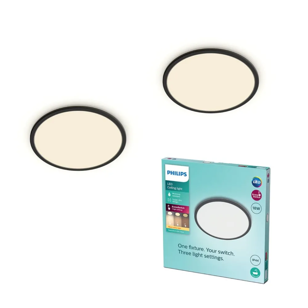 Loftlamper|Arbejdsrum/Kontor ^ Philips LED SuperSlim 2-pak sort IP44 Ø 30 cm 2.700 K