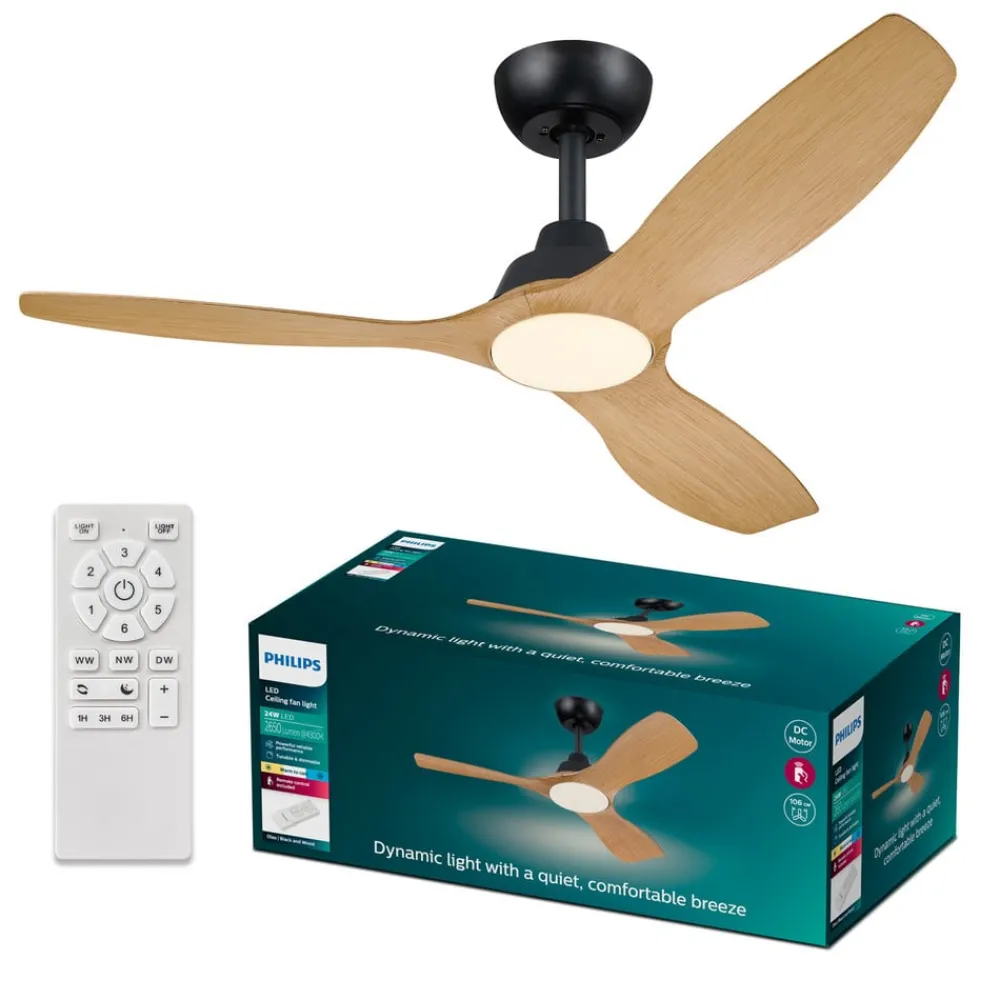 Loftventilatorer ^ Philips LED-ventilator Olas, Ø 132 cm, brun/sort, støjsvag
