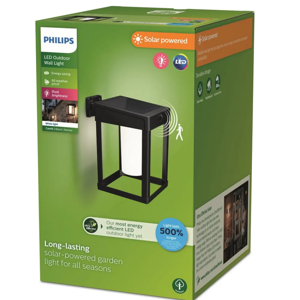 Solcellelamper ^ Philips solcelle-væglampe Camill sort/hvid 14 x 14 cm