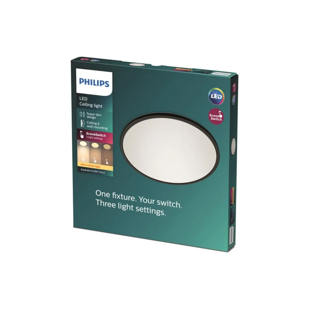 Loftlamper ^ Philips SuperSlim LED-loftlampe, IP44, Ø 29,5 cm, sort