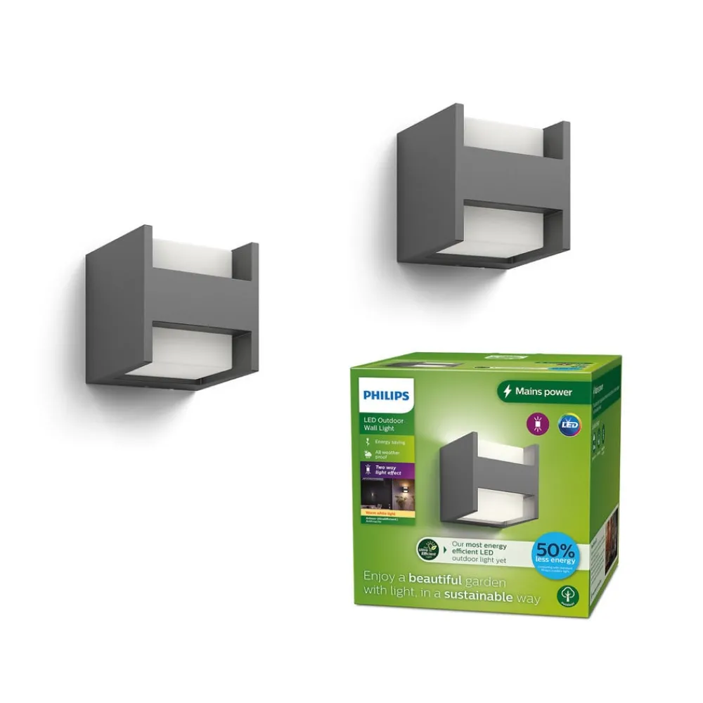 Væglamper ^ Philips udendørs LED-væglampe Arbour UE 2-sæt 2 lyskilder 2700 K