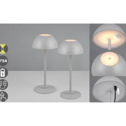 Dekorationsbelysning|Terrassebelysning ^ Reality Leuchten Ricardo LED genopladelig bordlampe, grå, højde 30 cm, plast