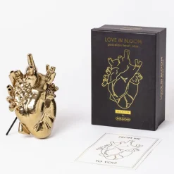 Møbel Og Interiør ^ SELETTI Love in Bloom-vase, guldfarvet, hjerteformet, porcelæn