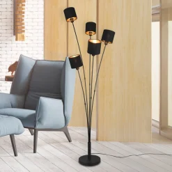 Reality Leuchten Gulvlamper|Gulvlamper > Tommy gulvlampe, sort/guld, højde 163 cm, 5-lys stof