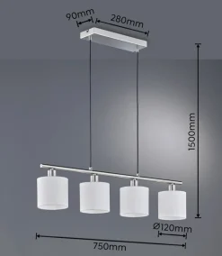 Pendellamper ^ Reality Leuchten Tommy hængelampe, nikkel/hvid, længde 75 cm, 4-lys, stof