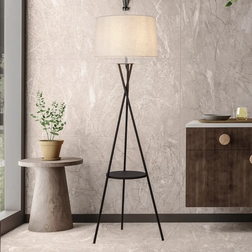 Gulvlamper|Gulvlamper ^ Näve Tora gulvlampe, sort/hvid, tekstil, højde 158 cm stativ