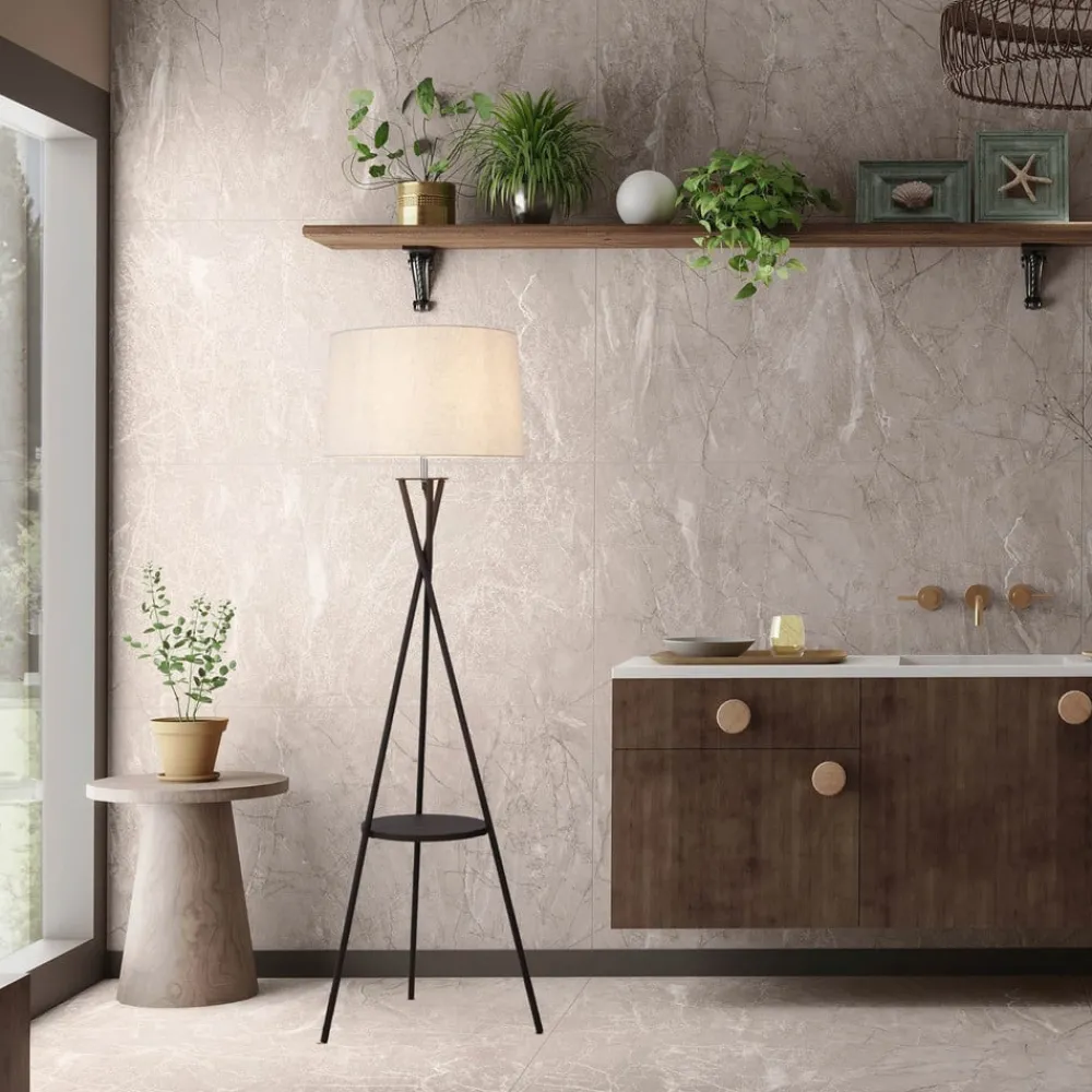 Gulvlamper|Gulvlamper ^ Näve Tora gulvlampe, sort/hvid, tekstil, højde 158 cm stativ