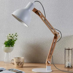 Lindby Arbejdsrum/Kontor|Pendellamper > Træ-skrivebordslampe Shivanja med hvid skærm