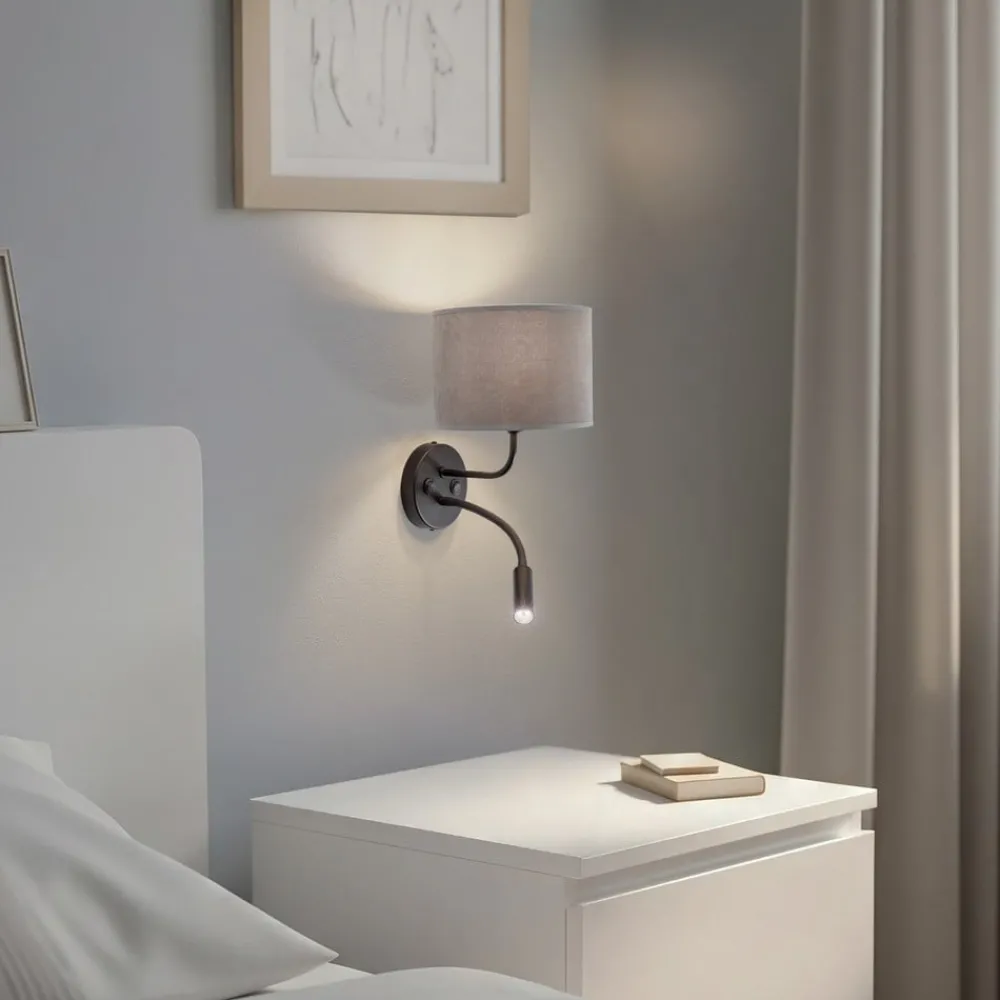 Væglamper|Væglamper ^ Duolla Væglampe Roller, fløjl grå, sort, med læselampe