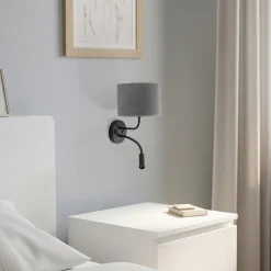 Væglamper|Væglamper ^ Duolla Væglampe Roller, fløjl grå, sort, med læselampe